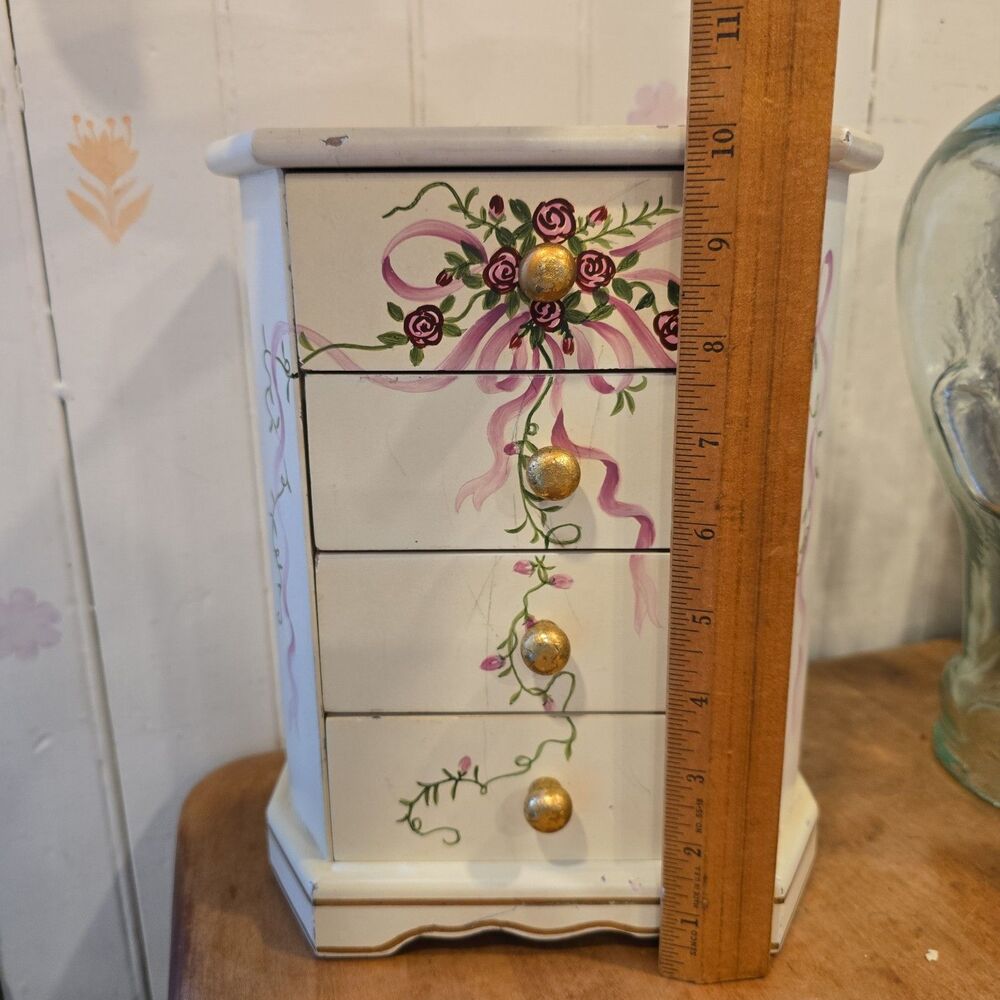 Vintage 4 Drawer Jewelry Box Roses & Ribbons Faux Wood Cottage Handpainted - Picture 2 of 10